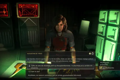 Augustine de Vries w The Outer Worlds 2 analizuje dane. W tle monitory z wykresami i zielone panele.