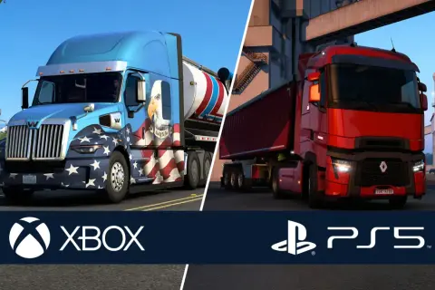 Ciężarówka w amerykańskich barwach i czerwony ciągnik w Euro Truck Simulator 2 na PS5.
