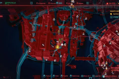 Mapa Night City, pełna neonów i zagrożeń, gdzie każdy zakątek kryje coś do krwi cyberpunk.