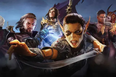 Postacie z Baldur's Gate 4: groźna goblinica, czarodziejka, mężczyzna z mocą i demonica z ogniem.