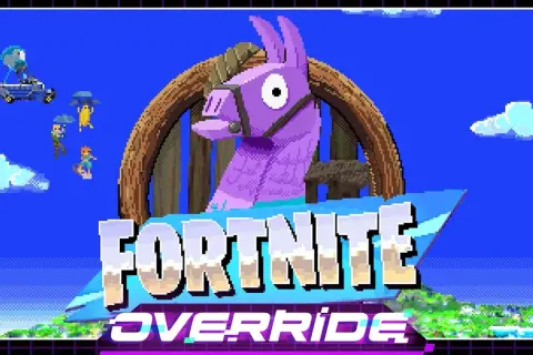 Fortnite nowy sezon Override. Fioletowa lama i gracze na spadochronach w pikselowym stylu.
