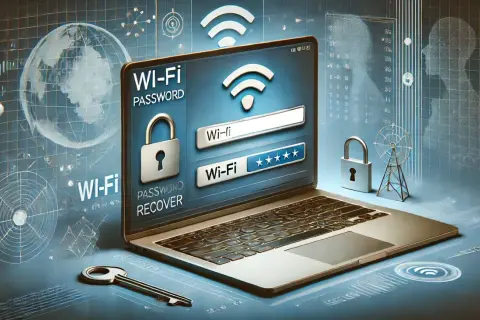Jak sprawdzić hasło do Wi-Fi? Laptop z ekranem pokazującym okno logowania do sieci Wi-Fi, z ikonami zamków i kluczem.