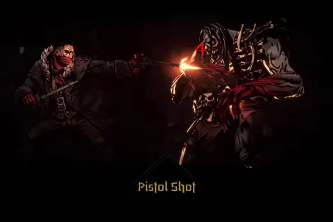 Bohater z **Darkest Dungeon 2** strzela z pistoletu do potwora.