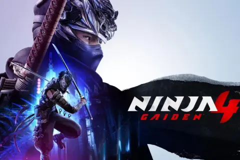 Ryu Hayabusa w akcji, gotowy do walki w Ninja Gaiden 4. Dynamiczna grafika z mieczami i neonowym miastem w tle.
