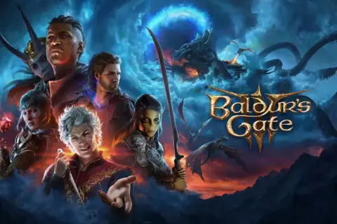 Postacie z Baldur's Gate 3, w tym demoniczna istota, wojownik i czarodziejka, stoją na tle mrocznego nieba z smokami i logo gry.