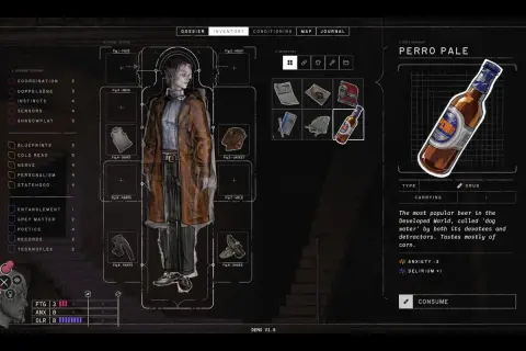 Interfejs gry Disco Elysium: postać, ekwipunek, statystyki i opis piwa Perro Pale. Poradnik Disco Elysium.