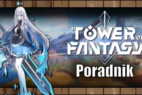 Postać z gry "Tower of Fantasy" z długimi białymi włosami i niebieskimi akcentami, trzymająca miecz. Obok logo gry i napis "Poradnik".