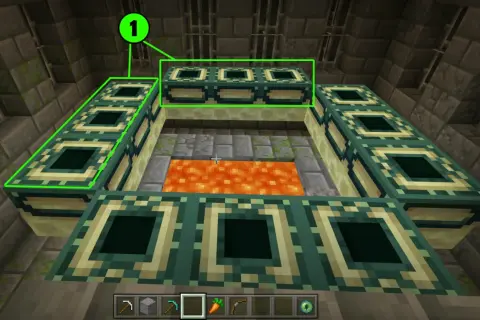 Aktywny portal do endu w Minecraft, otoczony ramkami z lawą w środku.
