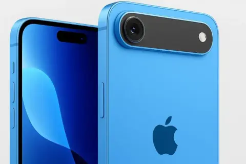 Niebieski iPhone 17 Air z minimalistycznym modułem aparatu i logo Apple.