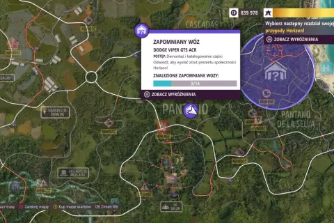 Mapa Forza Horizon 5 z zaznaczonymi zaginionymi autami. Znaleziono 3 z 14 Dodge Viper GTS ACR.