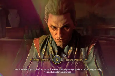 Juan z Dying Light 2: Zakonczenia, oferuje pomoc. Jego twarz jest poważna, a w tle widać przedmioty.