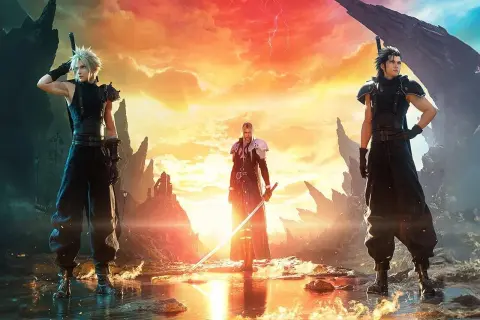 Chmurny krajobraz i trzej bohaterowie, w tym Cloud i Zack, w epickiej scenie z Final Fantasy 7 Rebirth.