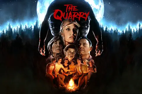 Grupa młodych ludzi przy ognisku, nad nimi groźne twarze i tytuł "The Quarry". Ich wybory zadecydują o przetrwaniu.