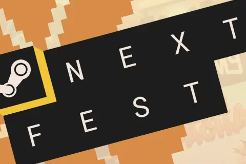 Logo Steam i napis "NEXT FEST" na czarnym tle. Czekamy na nowe gry!