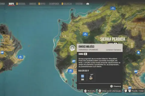 Mapa Far Cry 6 z zaznaczonym zadaniem "Owoce miłości" w regionie Sierra Perdida.