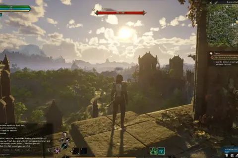 Postać w grze MMORPG Ashes of Creation stoi na murze, podziwiając ruiny i góry. Słońce przebija się przez chmury.