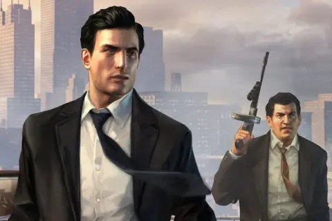 Dwóch mężczyzn w garniturach na tle miasta. Jeden trzyma pistolet maszynowy. To scena z gry Mafia 2, idealna do poradnika.