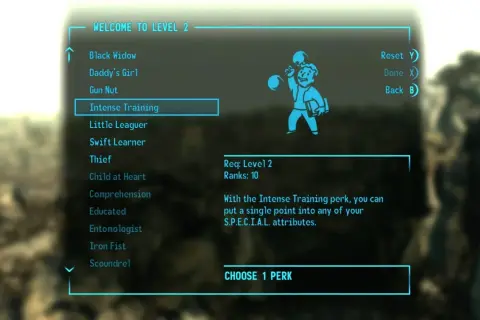 Wybór umiejętności "Intense Training" w Fallout 3 poradnik. Pozwala na zwiększenie atrybutów S.P.E.C.I.A.L.