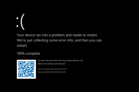 Smutna buźka na czarnym ekranie. Komputer napotkał problem i potrzebuje restartu. Kod błędu: SESSION1_INITIALIZATION_FAILED.