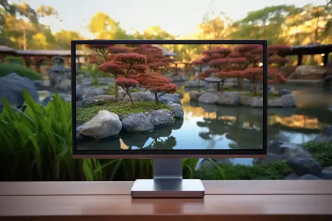 Monitor wyświetla japoński ogród w jakości 4k ultra hd. Widać stawy, kamienie i drzewka bonsai.