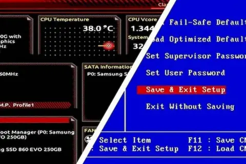 Ekran BIOS-u, gdzie można zobaczyć temperaturę CPU i opcje takie jak "Save & Exit Setup". To kluczowy krok, jeśli zastanawiasz się, jak zaktualizować BIOS.