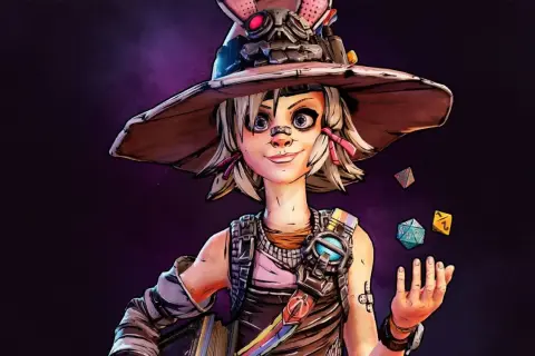 Tiny Tina, w swoim charakterystycznym kapeluszu z króliczymi uszami, rzuca kośćmi do gry.