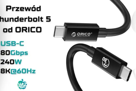 Kabel Thunderbolt 5 od ORICO z wejściem typu C, obsługujący 80Gbps, 240W i 8K@60Hz.