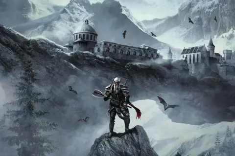 Wojownik z toporem na tle zimowych gór i zamków, idealny dla fanów gier podobnych do Skyrim.