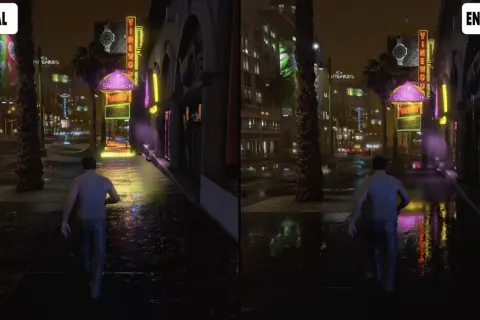 Porównanie grafiki GTA V: "Normal" vs "Enhanced". Lepsza jakość i detale w wersji "Enhanced" mogą sugerować wyższe gta 5 wymagania.