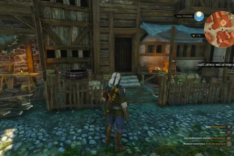 Geralt stoi przed budynkiem z napisem "KABARET" w Wiedźminie 3. Czeka go zadanie związane z plakatami.
