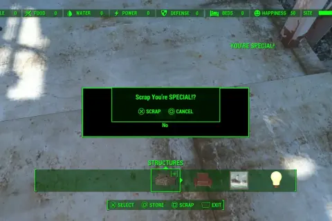 W grze Fallout 4, ekran potwierdzenia "Scrap You're SPECIAL!?" sugeruje, że gracz może chcieć wykorzystać kody, aby odzyskać przedmioty.