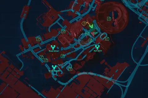 Mapa z gry Cyberpunk 2077. Widoczne znaczniki misji, w tym "Ross Ulmer", "Ayo Zarin" i "Dron Arasaka". To może być kluczowe dla **cyberpunk widmo wolności zakończenia**.
