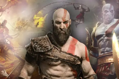 Kratos, bóg wojny, w swoim epickim remake'u. Widzimy go w centrum, z bliznami i groźnym spojrzeniem, otoczonego scenami walki.