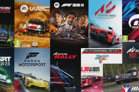 Kolaż okładek gier wyścigowych: Assetto Corsa Competizione, WRC, F1 2020, Gran Turismo 7, Dirt Rally 2.0, Forza Motorsport, Assetto Corsa Rally, Automobilista 2, Assetto Corsa Evo, Le Mans Ultimate, iRacing.