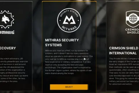 Wybór frakcji w grze: LAMAANG, MITHRAS SECURITY SYSTEMS, CRIMSON SHIELD. Symbole i opisy sugerują świat gry z elementami szarej strefy wojny.