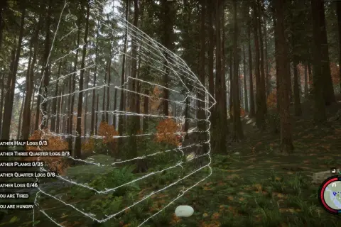 W lesie w Sons of the Forest budujesz schronienie. Zbierasz drewno, ale jesteś zmęczony i głodny.