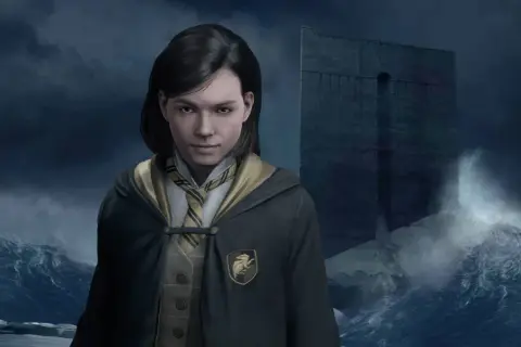 Młoda czarodziejka z Hogwart Legacy Hufflepuff stoi na tle burzliwego morza i tajemniczej budowli.
