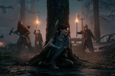 Ellie ukrywa się za drzewem, podczas gdy inni z pochodniami i kilofem zbliżają się w mrocznym lesie. Czy to zapowiedź The Last of Us sezon 3?