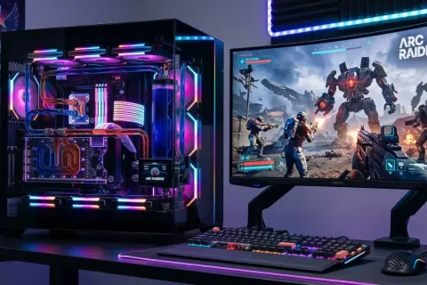 Komputer z podświetleniem RGB i ekranem wyświetlającym grę Arc Raiders.