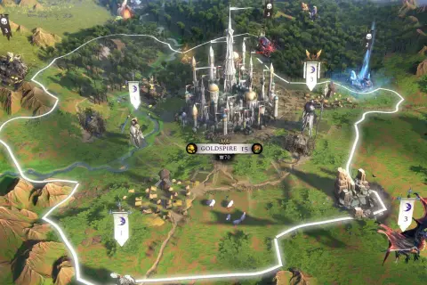 Mapa strategiczna z gry **Age of Wonders**. W centrum majestatyczny zamek, otoczony zielonymi terenami, lasami i górami. Widać jednostki, flagi i punkty kontrolne.