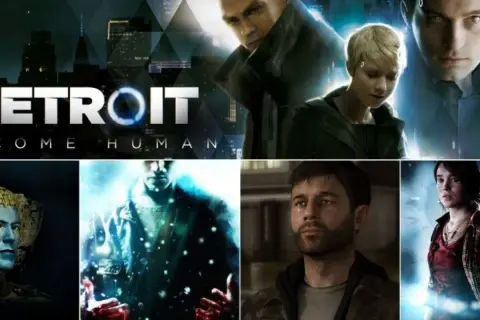 Kolaż postaci z gry Detroit: Become Human od Quantic Dream. Widoczni Connor, Kara, Markus, a także postacie z innych gier studia.