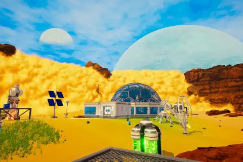 Baza **planet crafter** na obcej planecie: kopuła, panele słoneczne, roboty i dziwne formacje skalne pod dwoma księżycami.