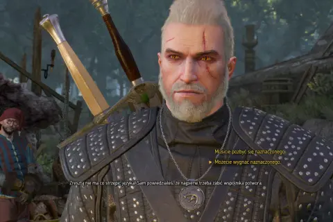 Wiedźmin 3 w sercu lasu: Geralt z Rivii w rozmowie, zastanawia się, co wybrać. Czy pozbyć się naznaczonego, czy go wygnać?