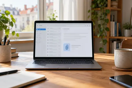 Laptop z otwartym mailem i podejrzanym załącznikiem na biurku