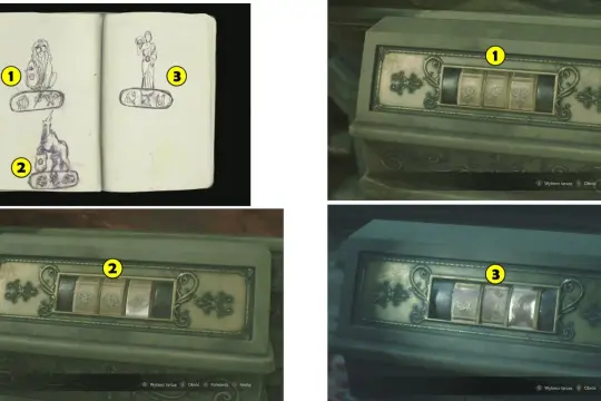 Resident Evil 2 poradnik: szkice z symbolem lwa, konia i kobiety z dzbanem, oraz trzy sejfy z tymi samymi symbolami.