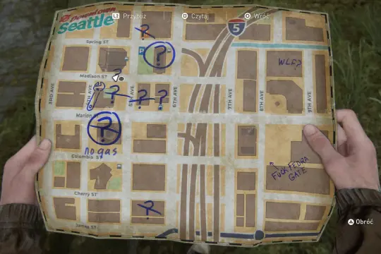 Mapa Seattle z zaznaczonymi punktami i notatkami, pomocna w grze The Last of Us 2 poradnik.