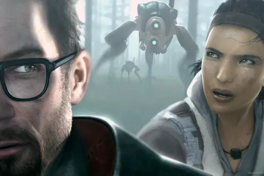 Gordon Freeman i Alyx Vance w lesie, w tle widać Combine Stridera. Wizualizacja Half-Life 2: Episode Three.