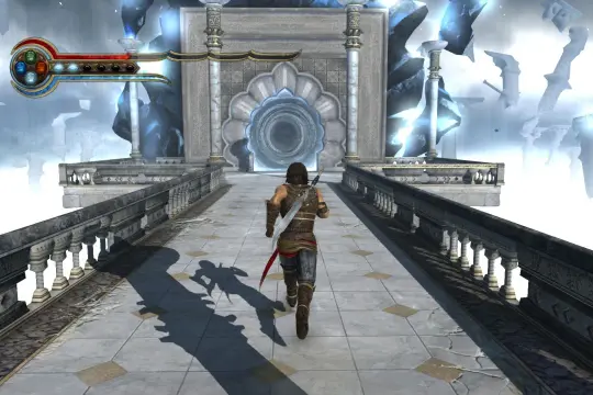 Książę Persji biegnie przez eteryczny most w kierunku wirującego portalu, w świecie Prince of Persia Zapomniane Piaski.