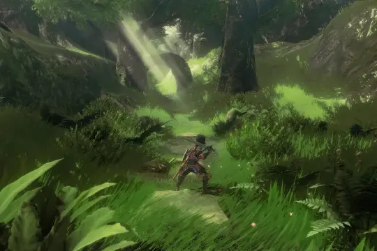 Link w kapeluszu przemierza leśną ścieżkę w grze Zelda Breath of the Wild na PC. Promienie słońca przebijają się przez drzewa.