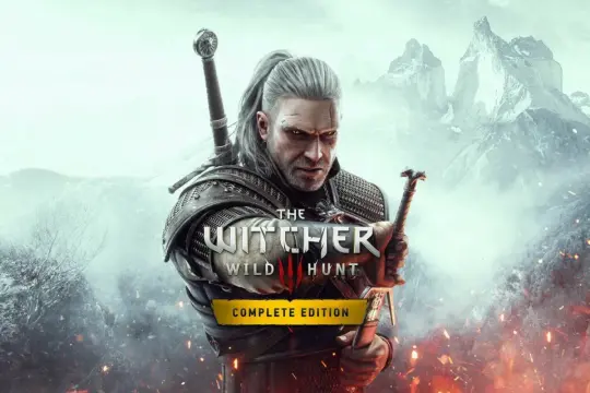 Geralt z Rivii, wiedźmin, trzyma miecz na tle gór i płomieni. Okładka gry "Wiedźmin 3: Dziki Gon Complete Edition" sugeruje różne zakończenia.